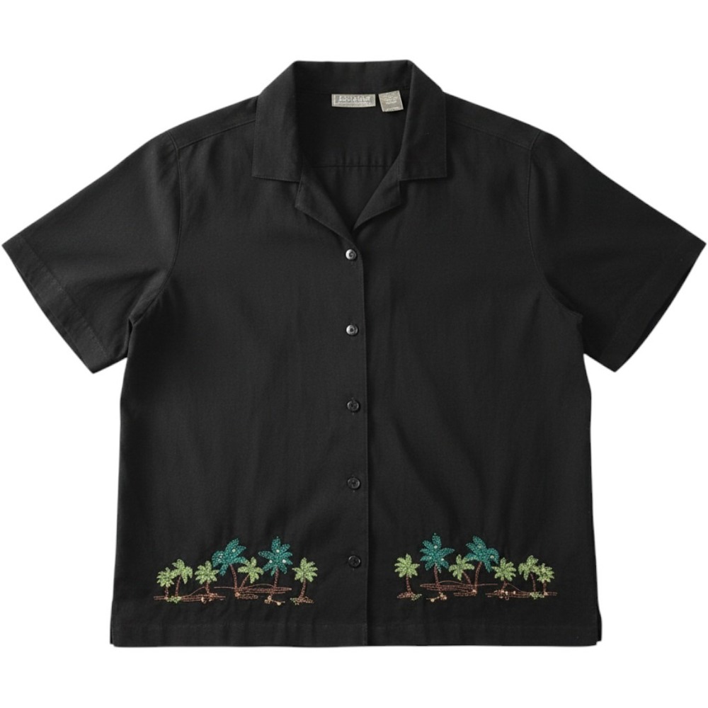 Jane Ashley Palm Tree Shirt Womens L Black‎ Excellent Beaded Tropical Camp Top